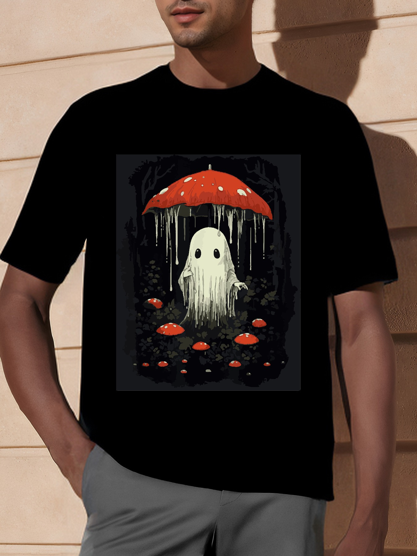 Men's Graphic T-Shirt Dripping Red Umbrella With Small Mushrooms Surrounding A Cute Ghost