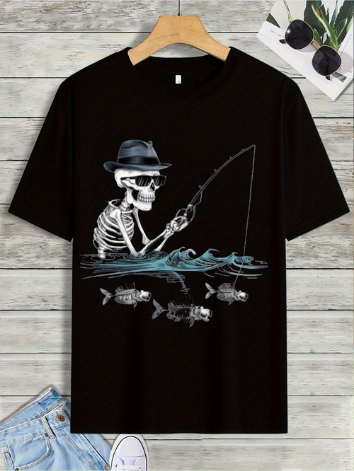 Men's Graphic T-Shirt Mystical River Skeleton Fishing Under Flowing Water