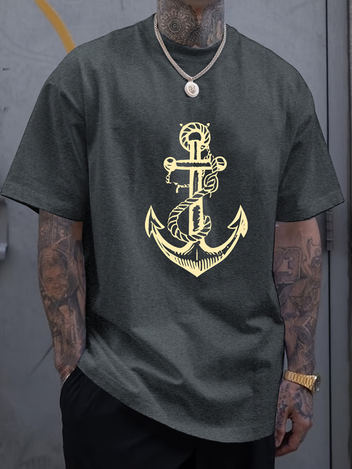 Men's Graphic T-Shirt Hand Drawn Golden Rope Wrapped Nautical Anchor Illustration