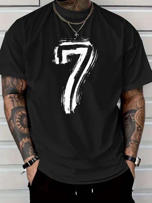 Men's Graphic T-Shirt Brushstroke Painted White Number Seven On Black Shirt