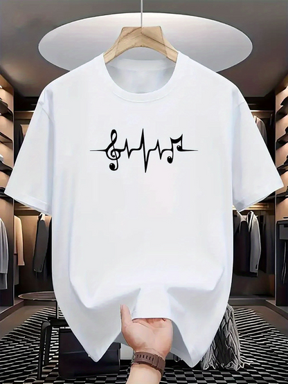 Men's Graphic T-Shirt Heartbeat Line With Musical Notes On Pure White Cotton Shirt