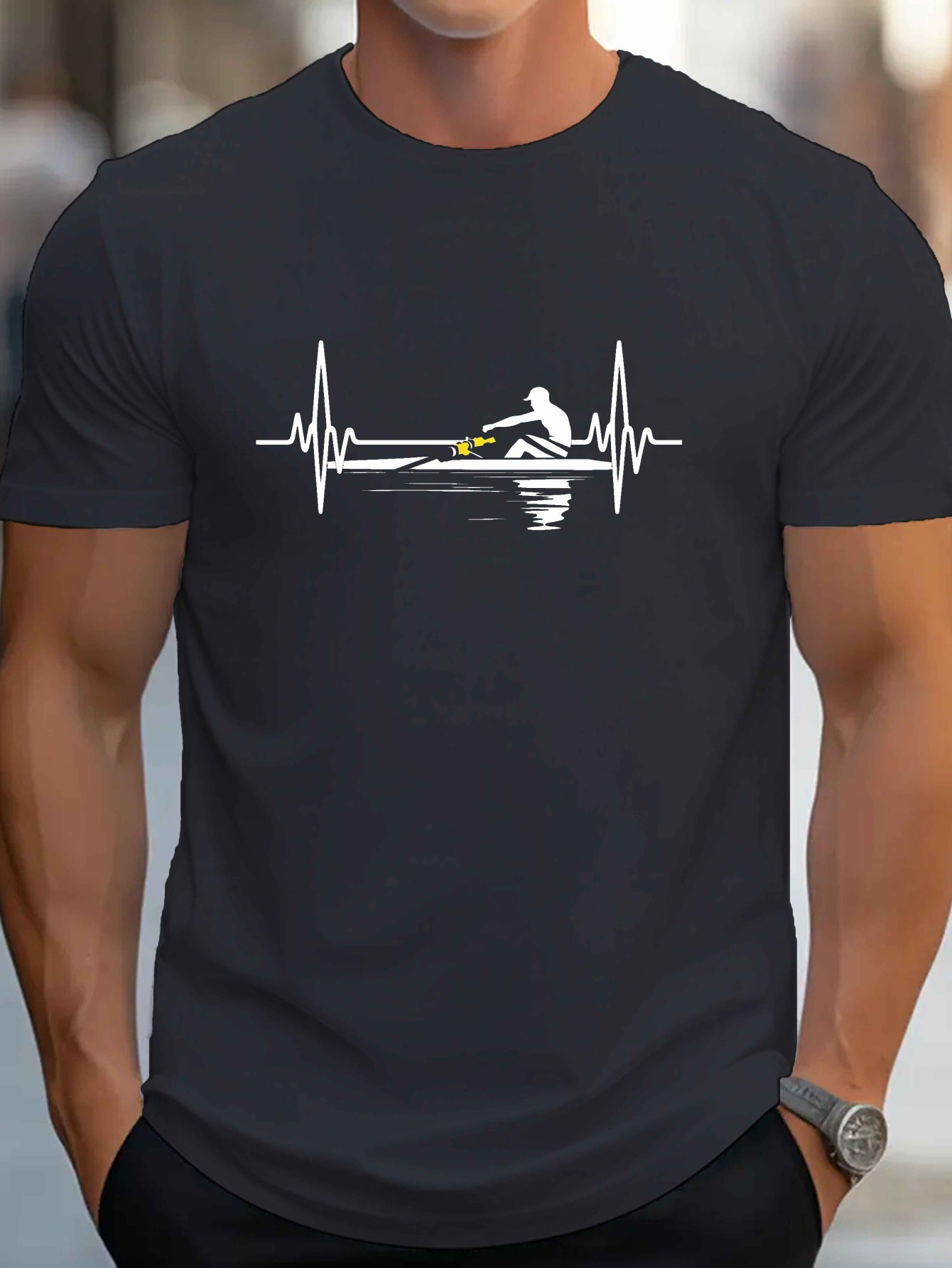 Men's Graphic T-Shirt Heartbeat Lines Reflected Calm Water With Rowing Single Sculler Boat