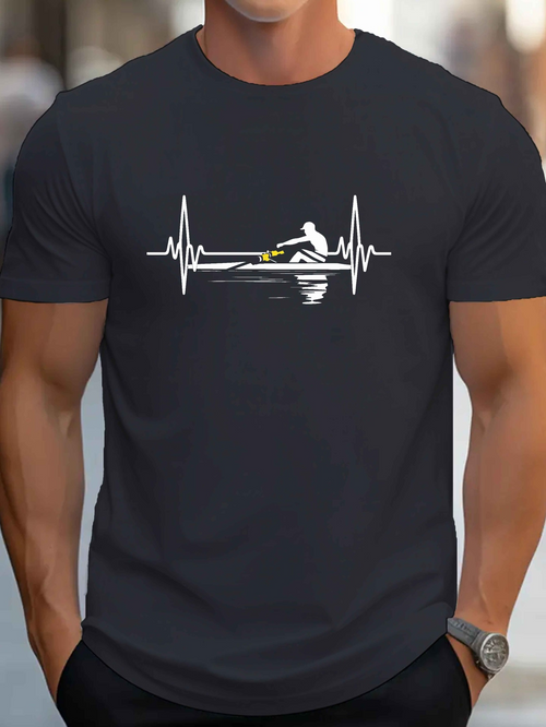 Men's Graphic T-Shirt Heartbeat Lines Reflected Calm Water With Rowing Single Sculler Boat