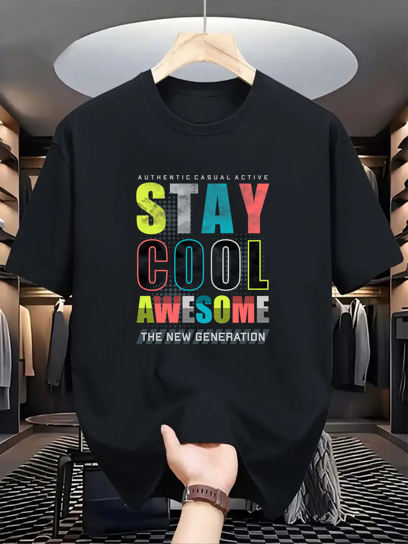 Men's Graphic T-Shirt Stay Cool Awesome Neon Letters On Black T Shirt