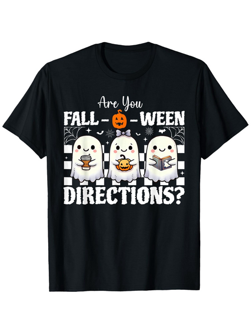 Men's Graphic T-Shirt Are You Fall Halloween Directions Cute Ghosts With Pumpkins And Striped Background