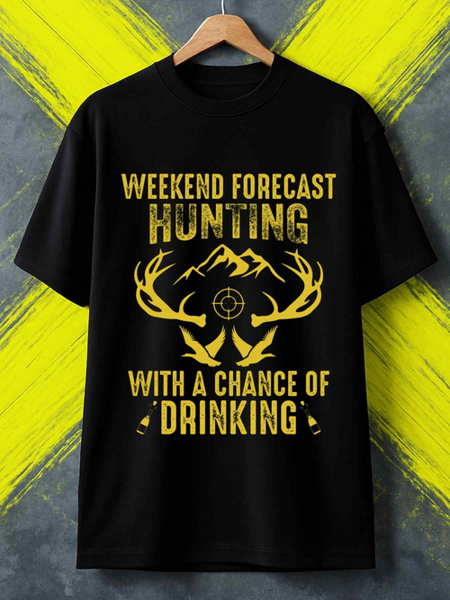 Men's Graphic T-Shirt Weekend Forecast Hunting With Mountain Silhouette Antlers Sun And Target