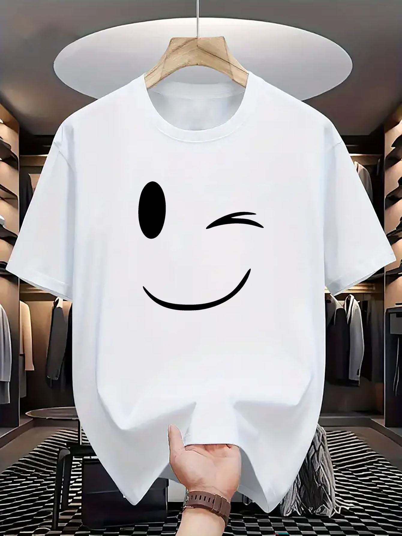 Men's Graphic T-Shirt Minimalist Playful Winking Face On Pure White Cotton Shirt