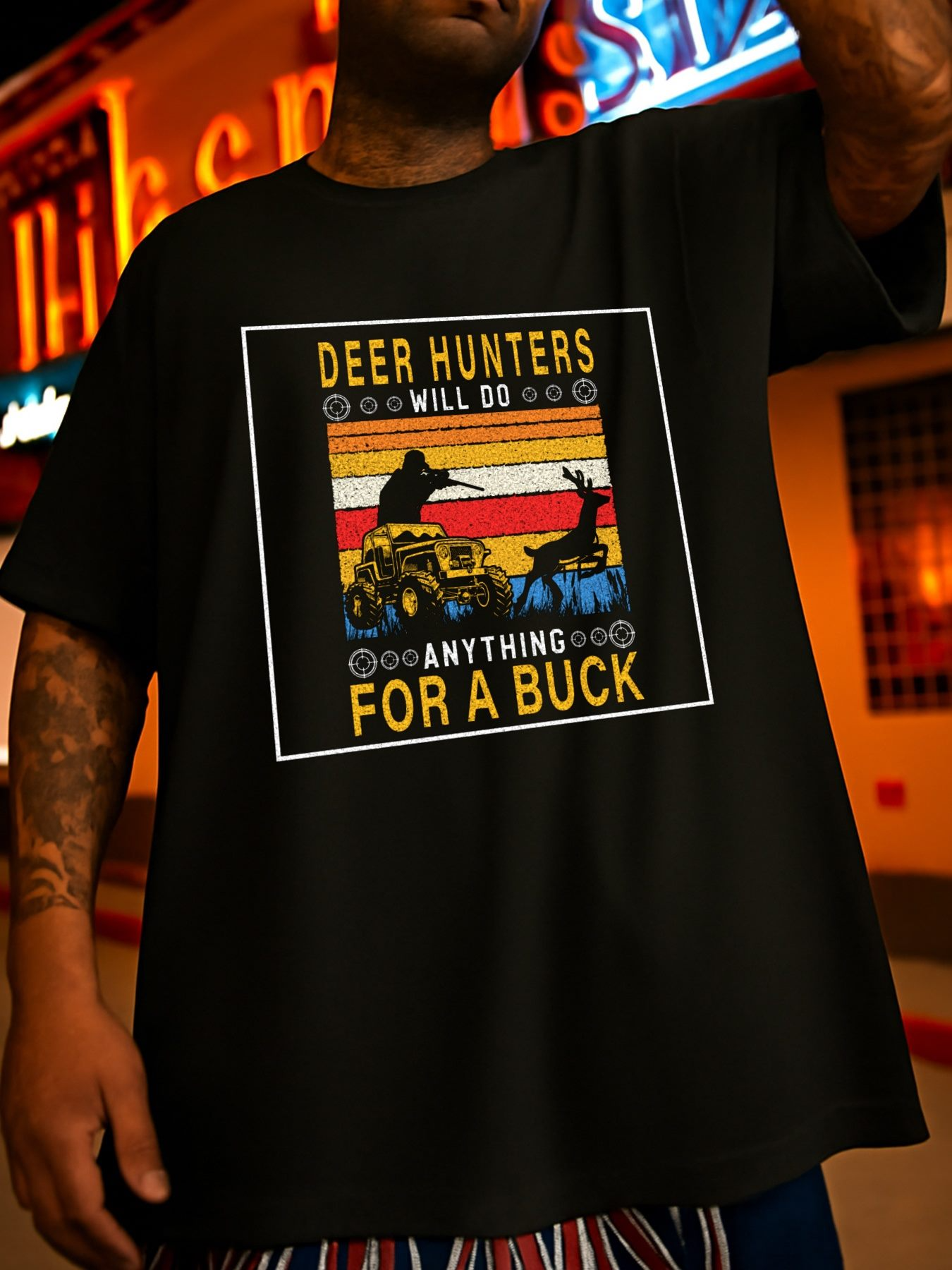 Men's Graphic T-Shirt Deer Hunters Will Do Anything For A Buck Desert Sunset With Silhouetted Trophy Deer