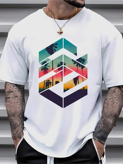 Men's Graphic T-Shirt Colorful Sunset Palm Trees Overlay Modern Geometric Shape