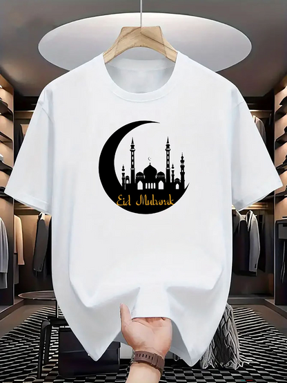 Men's Graphic T-Shirt Eid Mubarak Golden Crescent Moon With Mosque And Star Night Sky