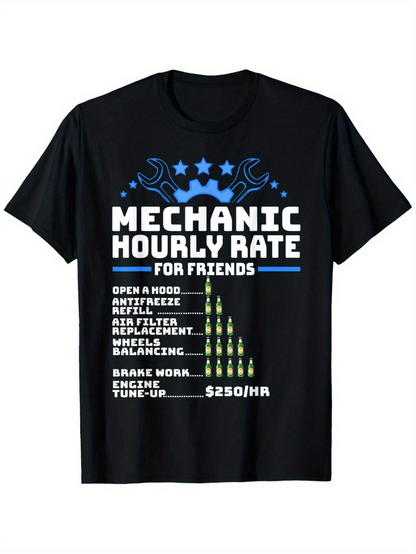 Men's Graphic T-Shirt Mechanic Hourly Rate Chart With Blue Wrench Stars And Car Icons