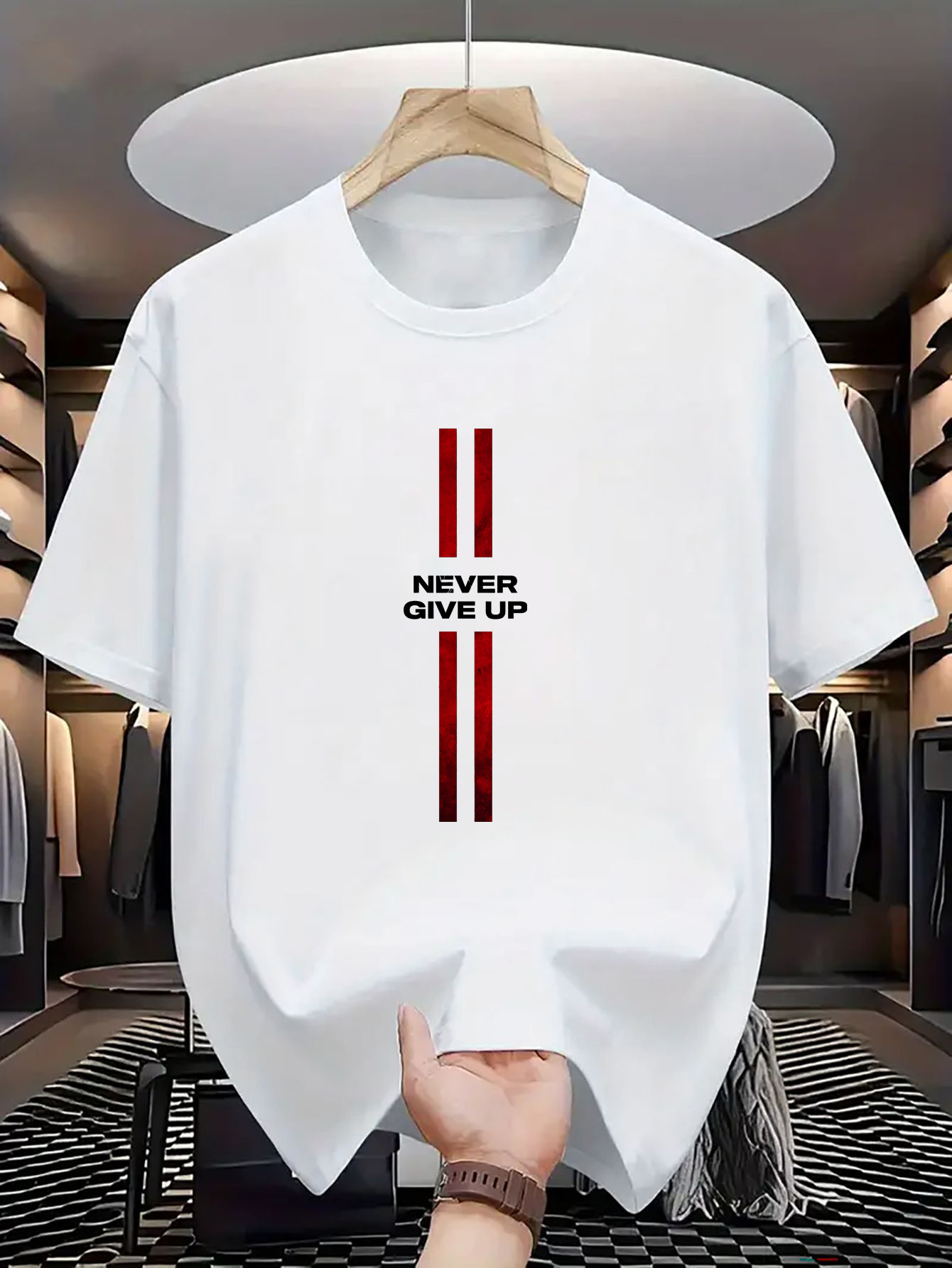 Men's Graphic T-Shirt Never Give Up Minimalist Red Stripes Under Simple Inspirational Text T Shirt