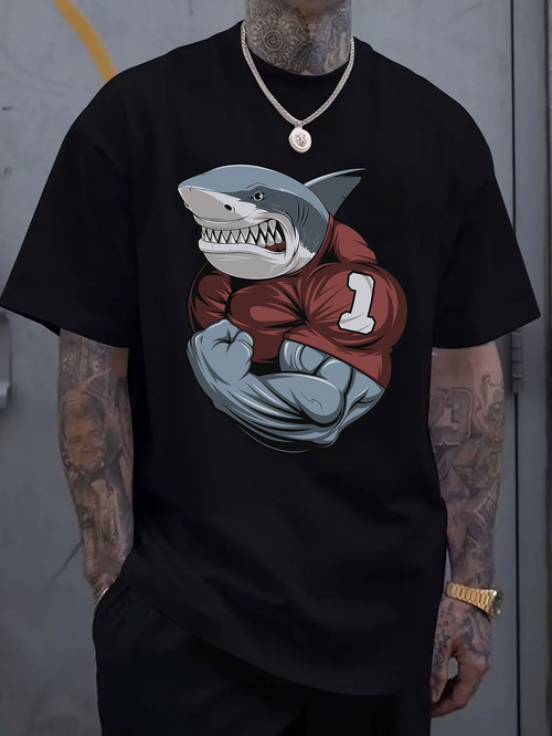 Men's Graphic T-Shirt Powerful Cartoon Shark With Red Jersey Clenched Fist Graphic