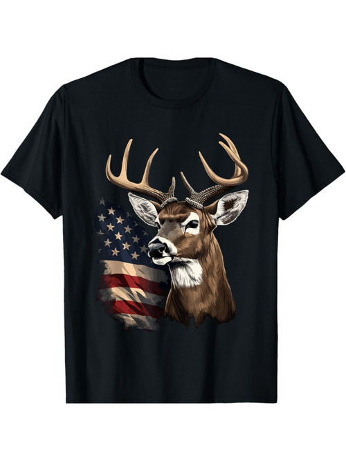 Men's Graphic T-Shirt Majestic Deer Standing Proudly Before American Flag