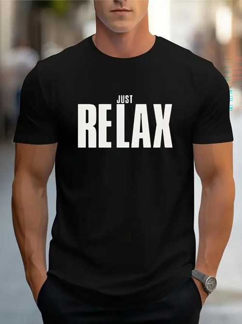Men's Graphic T-Shirt Just Relax Bold White Letters On Black Cotton T Shirt