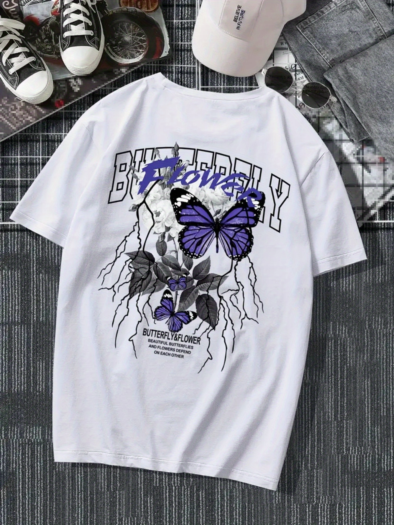 Men's Graphic T-Shirt Butterfly Flowers With Lightning And Text Above A Purple Butterfly
