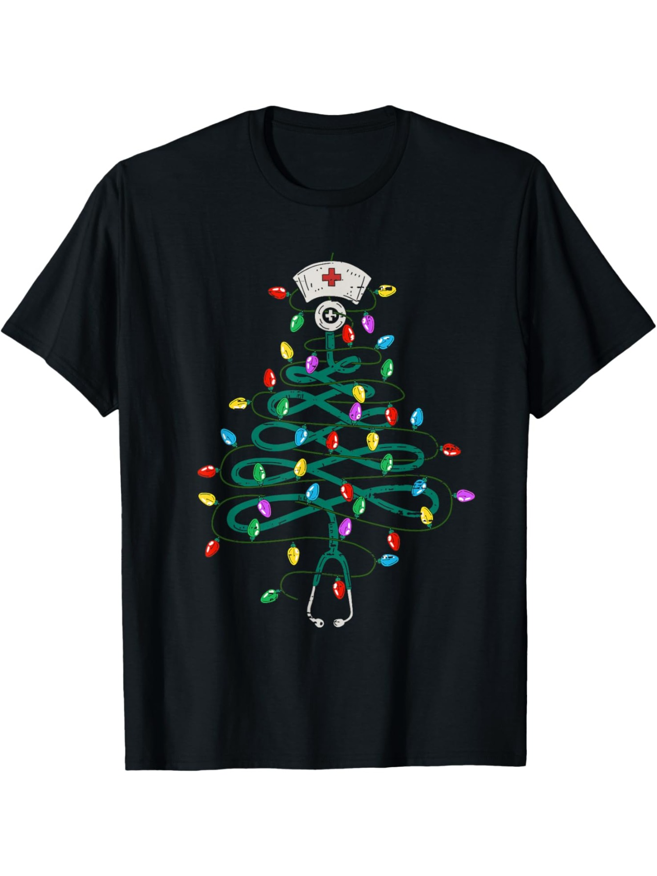 Men's Graphic T-Shirt Colorful Holiday Lights Around Nurse Cap And Stethoscope Tree