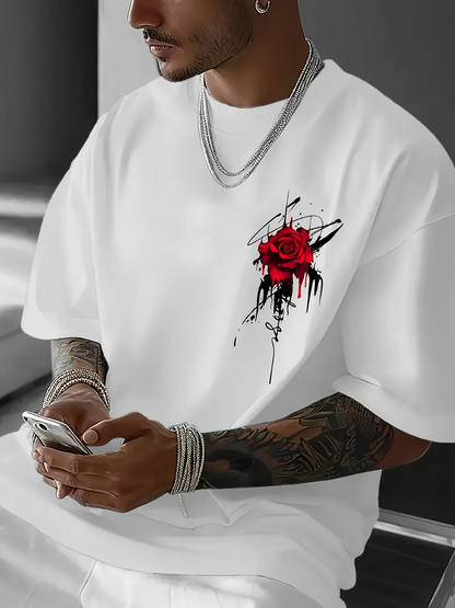 Men's Graphic T-Shirt Red Ink Dripping Artistic Graffiti With Single Bold Rose