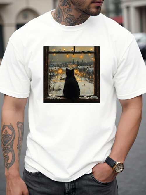 Men's Graphic T-Shirt Lonely Night Cat Gazing Through Rainy Window Into City Lights