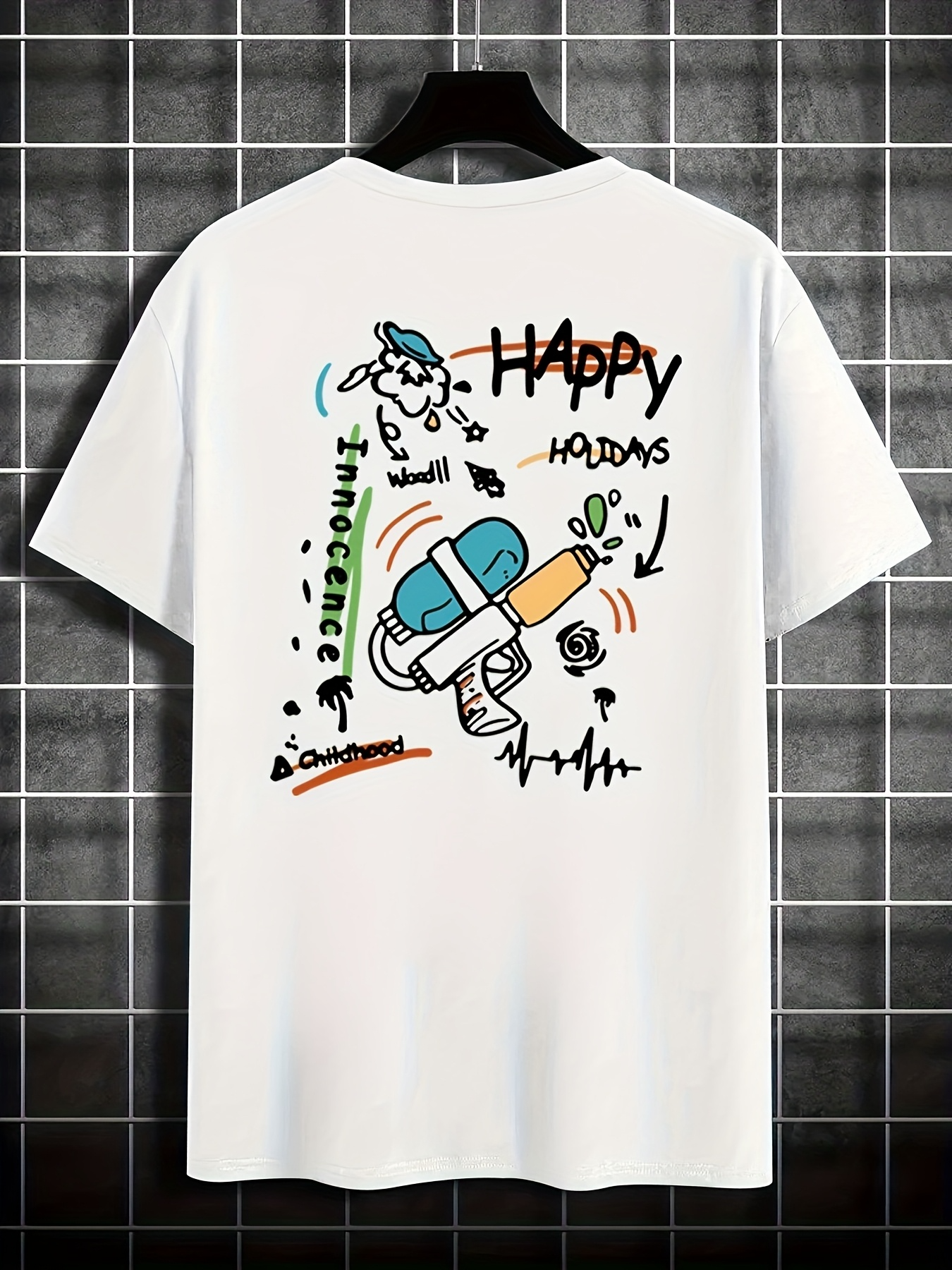 Men's Graphic T-Shirt Happy Holidays Cartoon Drawing With Playful Scribbles And Bold Doodle Rocket