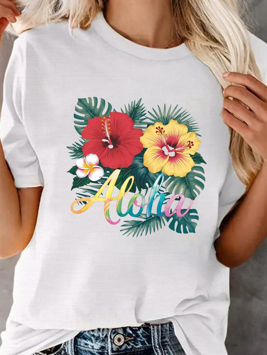 Women's Graphic T-Shirt Aloha Vibrant Tropical Leaves With Bright Hibiscus Flowers And Lush Palm