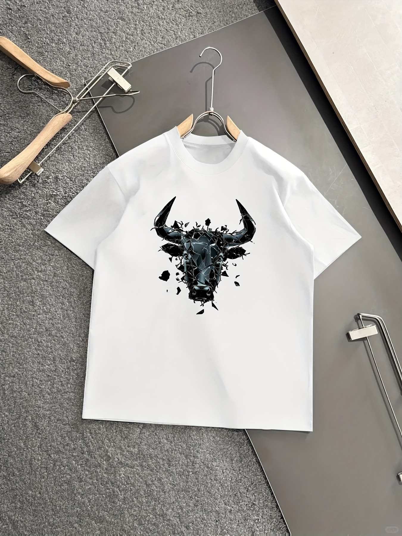 Men's Graphic T-Shirt Abstract Splattered Ink Design With Bold Black Bull Head