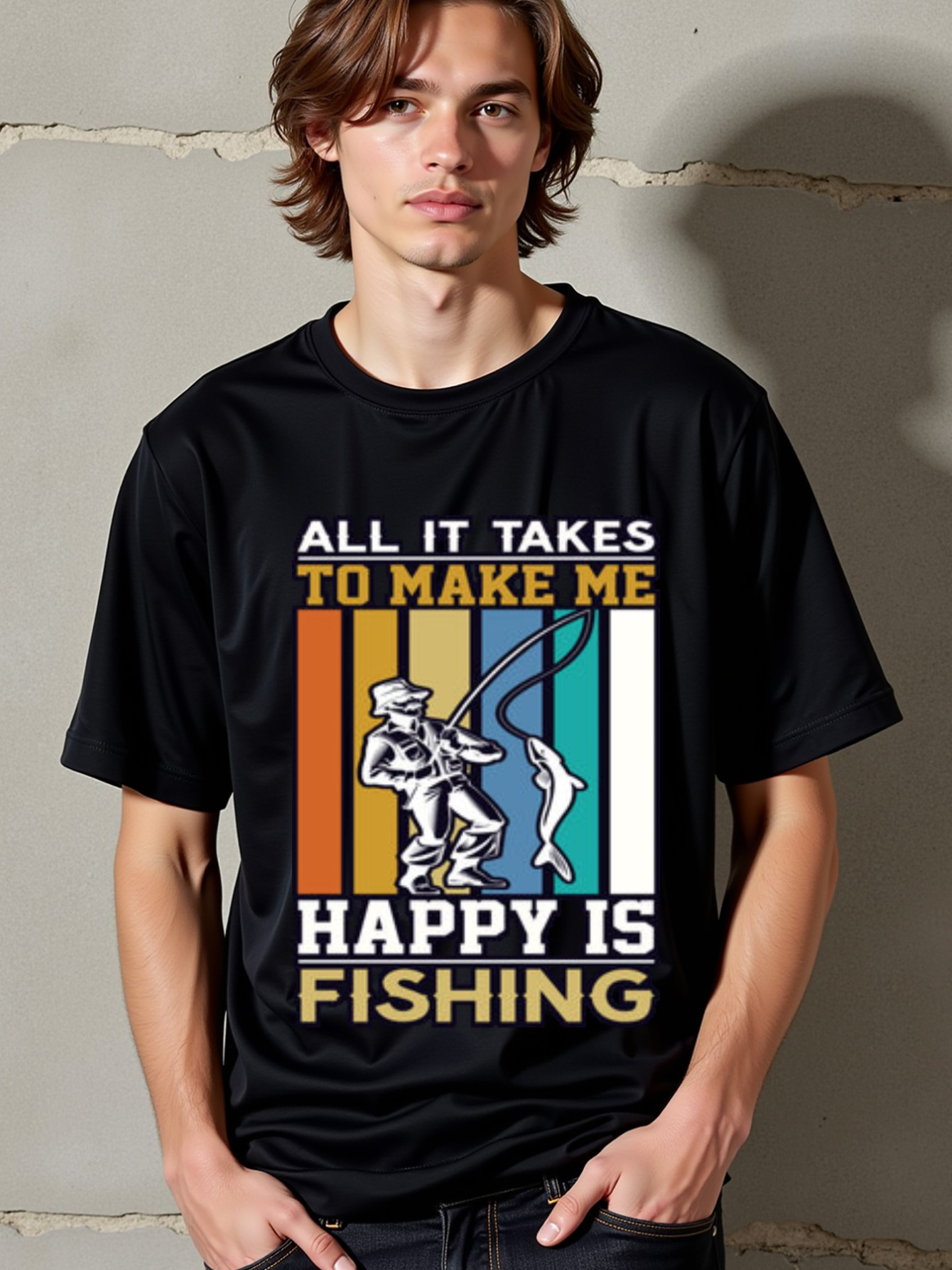 Men's Graphic T-Shirt All It Takes To Make Me Happy Is Fishing Retro Sunset Angler With Catch