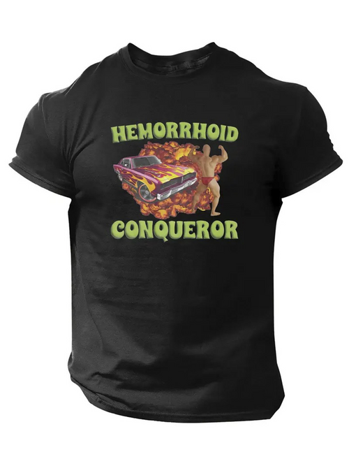 Men's Graphic T-Shirt Hemorrhoid Conqueror Bold Graphic With Cartoon Figure Over Black T Shirt