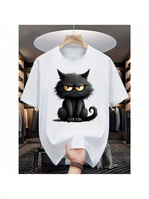 Men's Graphic T-Shirt Moody Cartoon Art With Fluffy Fur Sitting Black Cat