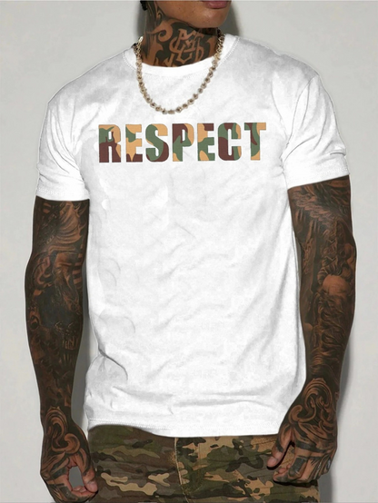 Men's Graphic T-Shirt Respect Camouflage Pattern Letters Among White Cotton Fabric T Shirt