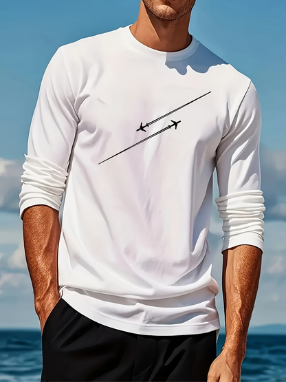 Men's Graphic T-Shirt Minimalist Jetliner Contrails Crossing Skies Under Soft White Cloud Airplane