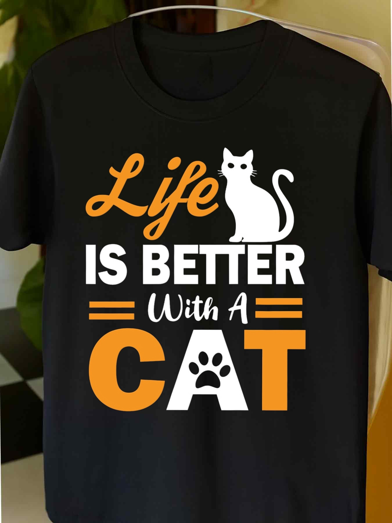 Men's Graphic T-Shirt Life Is Better With A Cat Lettering And Playful Cat On Black T Shirt
