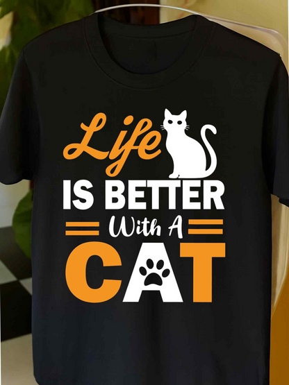 Men's Graphic T-Shirt Life Is Better With A Cat Lettering And Playful Cat On Black T Shirt