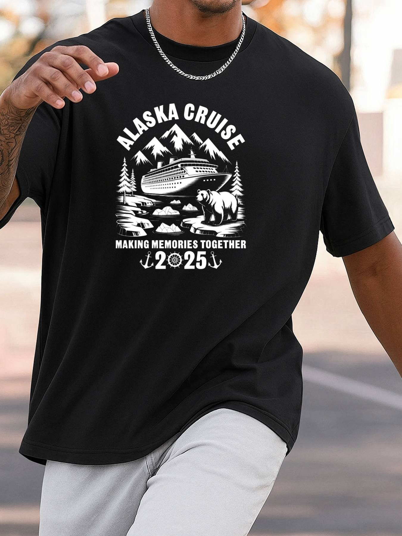 Men's Graphic T-Shirt Alaska Cruise Snowcapped Mountains Forest Wildlife And Ocean Adventure Scene Boat