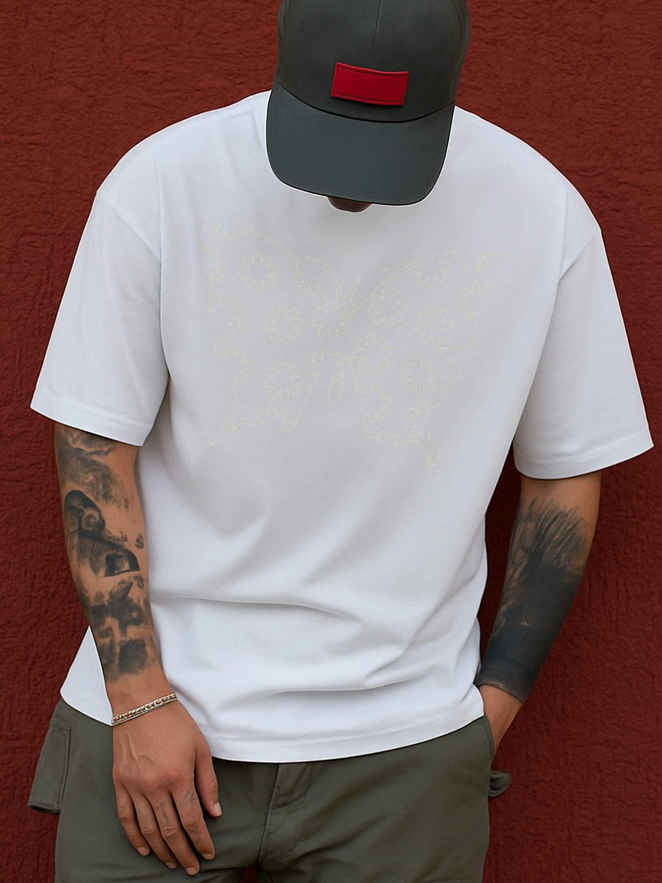 Men's Graphic T-Shirt White floral print with black and golden leaf design