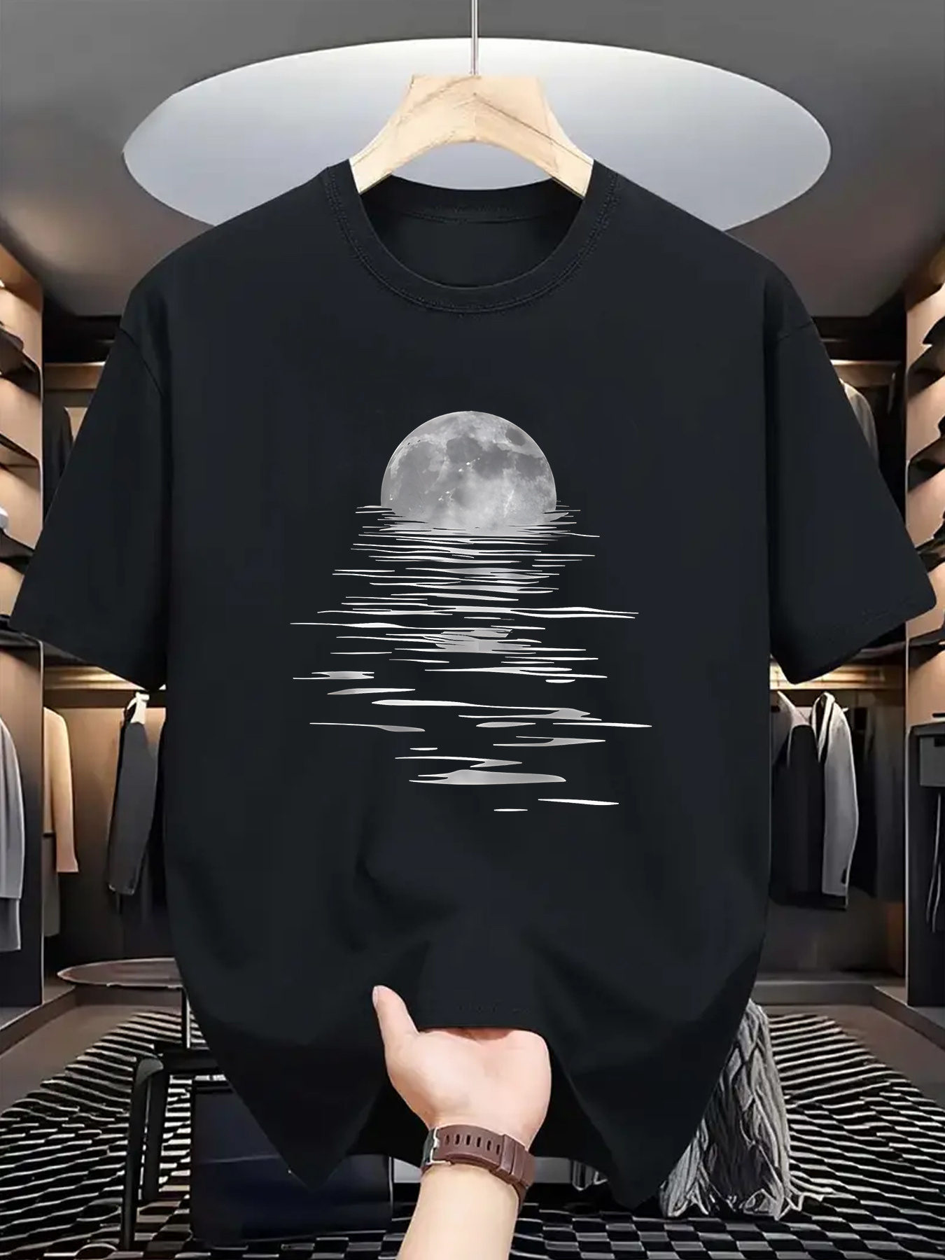 Men's Graphic T-Shirt Glowing Full Moon Reflected Over Gentle Rippling Water Surface Moon