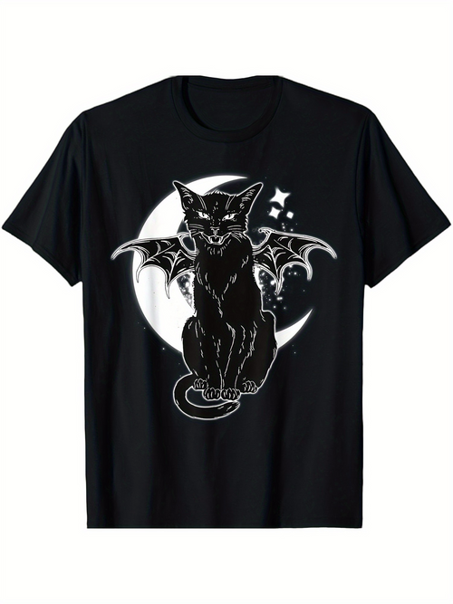 Men's Graphic T-Shirt Enigmatic Black Cat With Bat Wings Under The Full Moon Night Sky