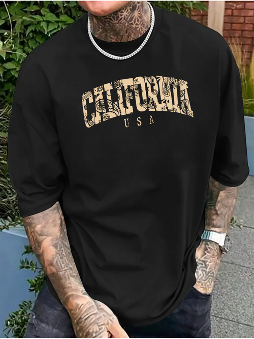 Men's Graphic T-Shirt California USA Camouflage Lettering On Sleek Minimalist Black T Shirt