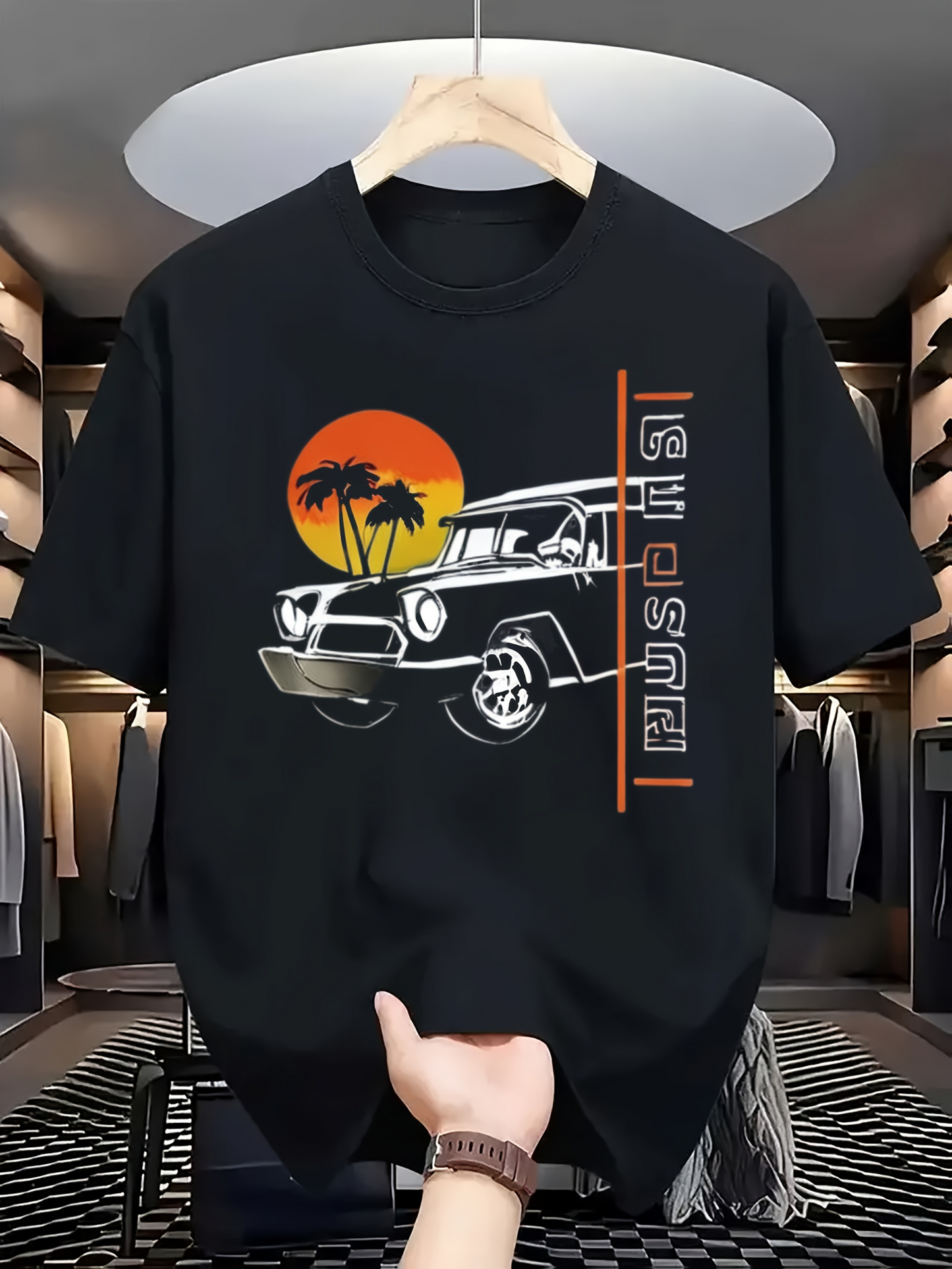 Men's Graphic T-Shirt Sunset Glow With Offroad Jeep Palm Trees And Orange Sun