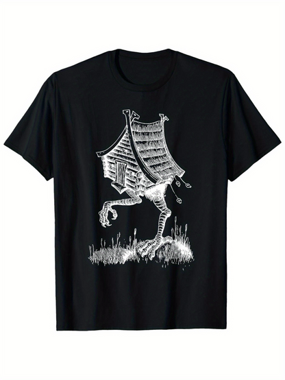 Men's Graphic T-Shirt Old Wooden Cottage With Feathered Chicken Legs Standing In Grass