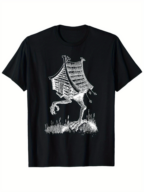 Men's Graphic T-Shirt Old Wooden Cottage With Feathered Chicken Legs Standing In Grass