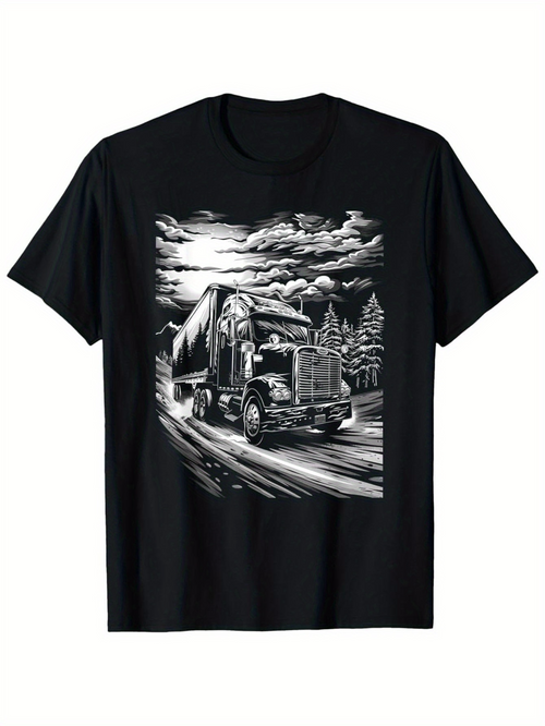 Men's Graphic T-Shirt Dramatic Moonlit Highway With Speeding Truck And Mountain Landscape