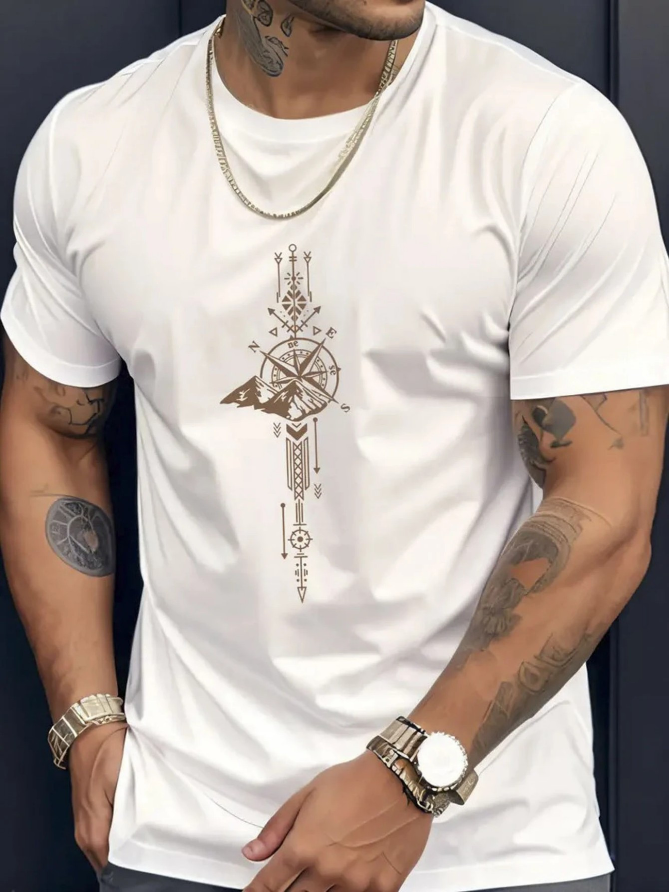 Men's Graphic T-Shirt Geometric Abstract Lines With Compass And Arrow Motif Centerpiece