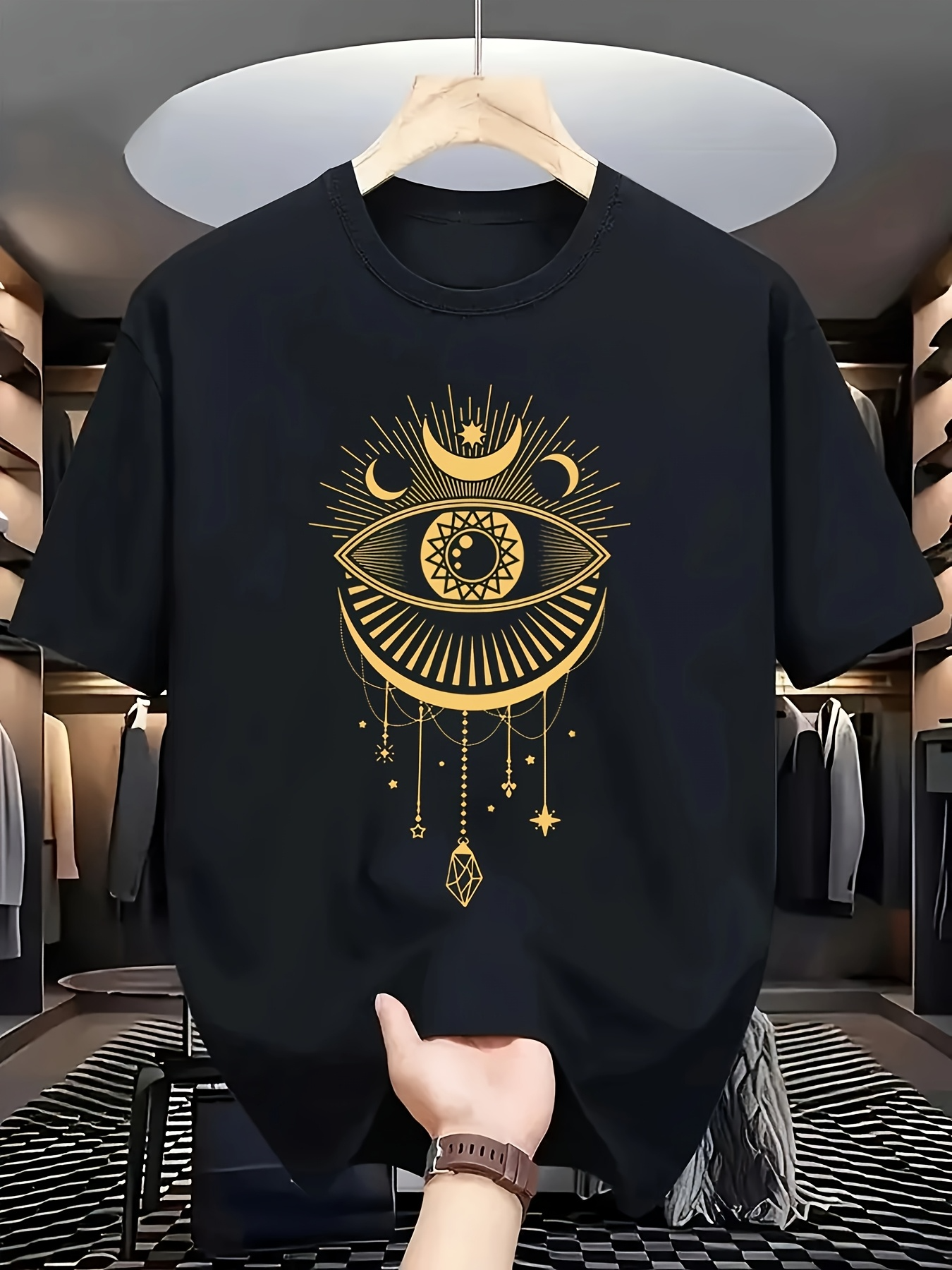 Men's Graphic T-Shirt Celestial Radiance With Golden Crescent Symbols And Mystic Third Eye