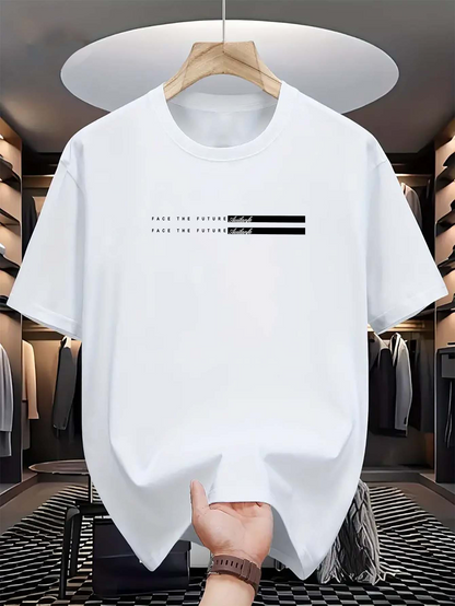 Men's Graphic T-Shirt Minimalist Letters With Clean Graphic Lines Centered On White Shirt