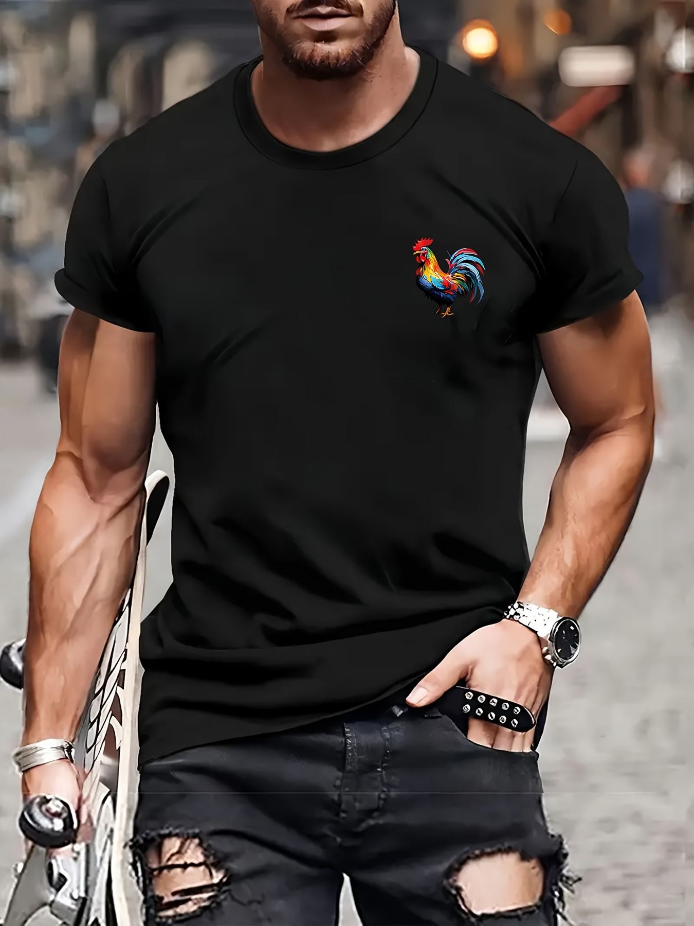 Men's Graphic T-Shirt Colorful Abstract Brushstroke Pattern With Vibrant Feathers Rooster