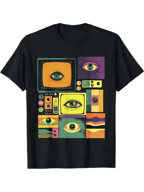 Men's Graphic T-Shirt Retro Colorful Surreal Pattern With Eyes On Stacked Television Screens