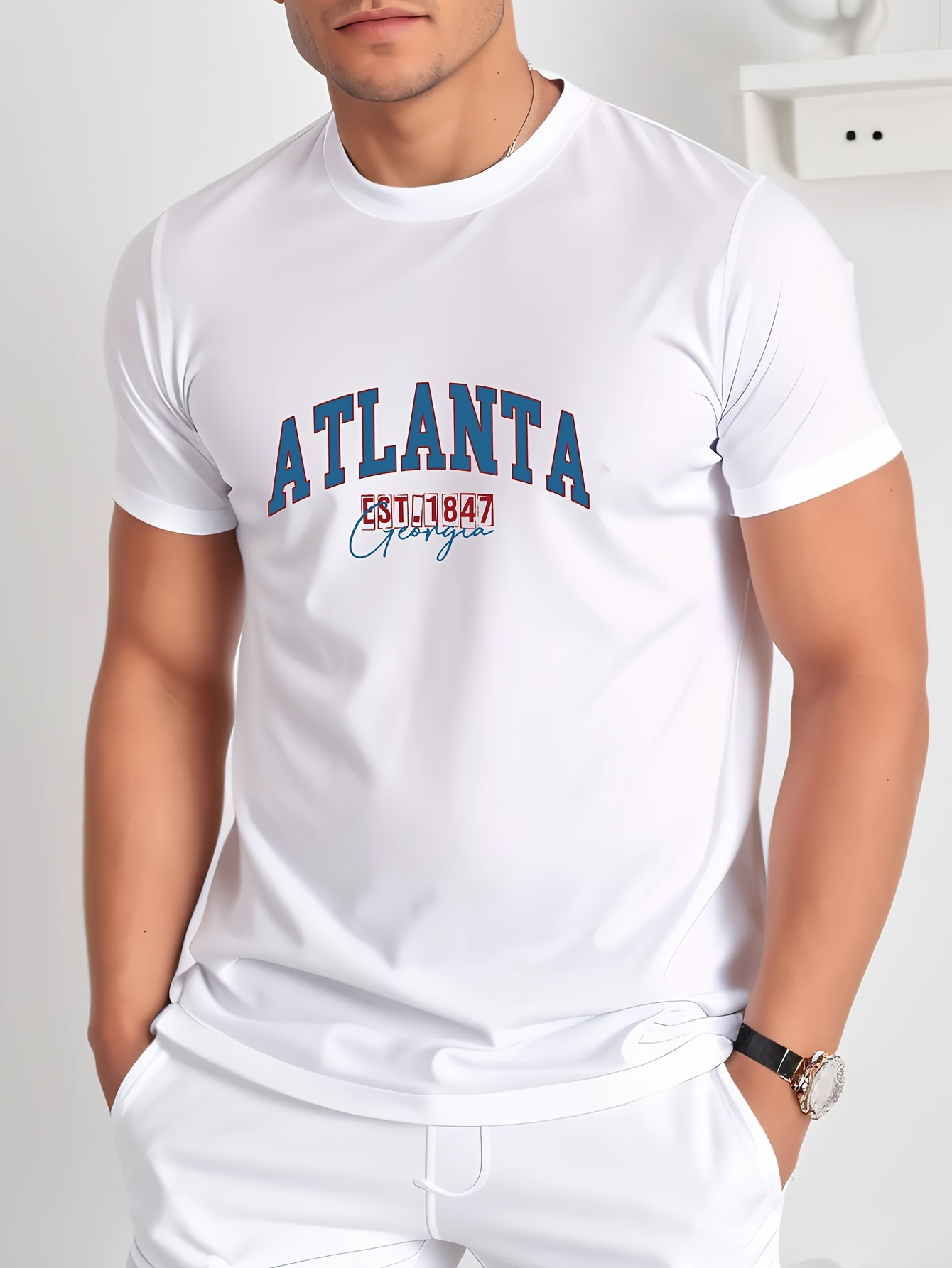 Men's Graphic T-Shirt Atlanta Est 1847 Collegiate Lettering White Cotton T Shirt