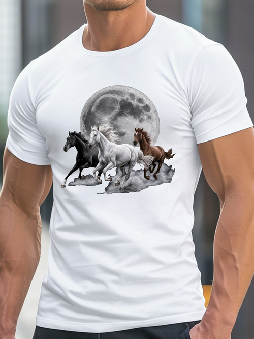 Men's Graphic T-Shirt Galloping Wild Horses Under Bright Full Moon Night Sky