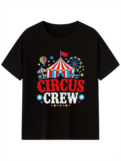 Men's Graphic T-Shirt Circus Crew Colorful Amusement Park Tent With Balloons And Ferris Wheel Under Stars